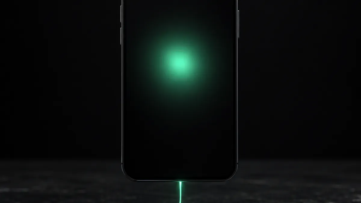 A phone on dark stone with a thread of mint light entering it